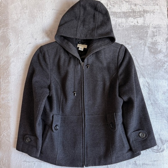 St. John's Bay Jackets & Blazers - St Johns Bay Petite XL Charcoal Gray Wool Blend Hooded Zip‎ Front Jacket Coat